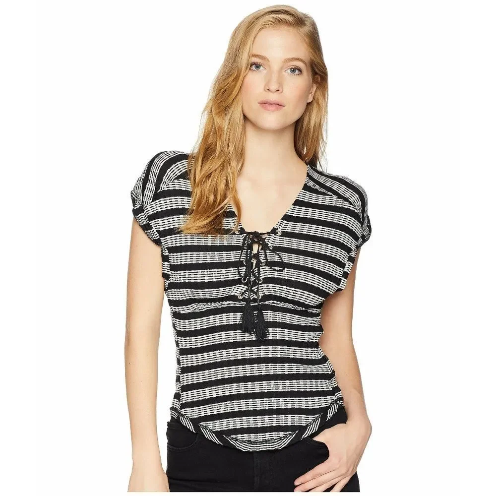 New! FREE PEOPLE Women's Striped Tassel Lace-Up V-Back Top Blouse Size Large - Picture 2 of 5